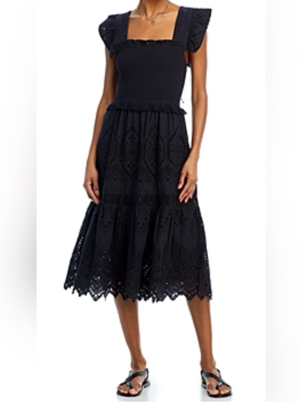 Bell by Alicia Bell Smocked Eyelet MIDI Dress, Black, Size Large, MSRP $465